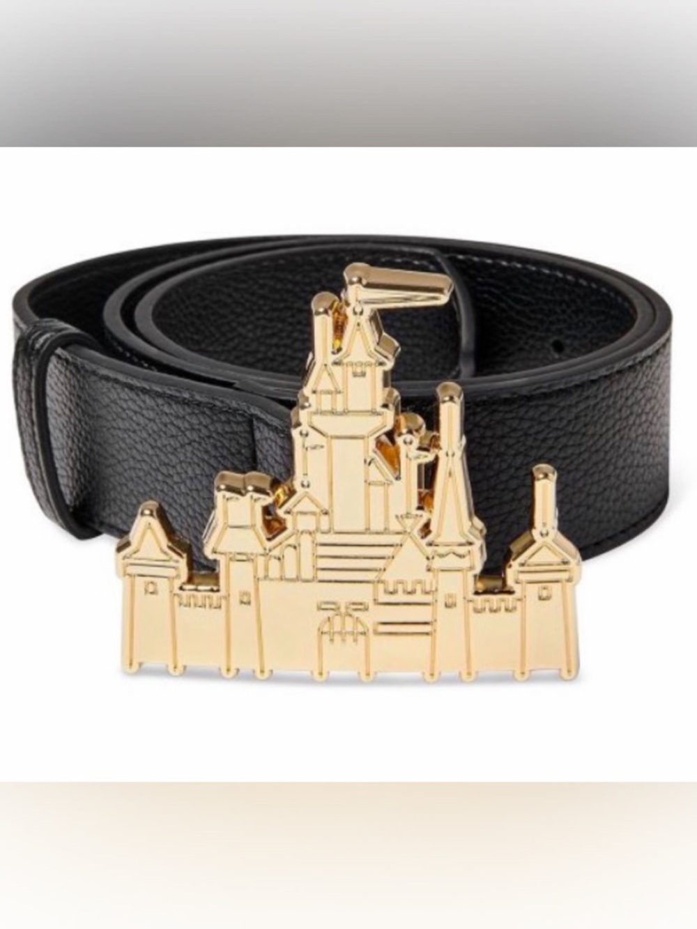 Disney Black Leather Belt with Gold Castle Buckle